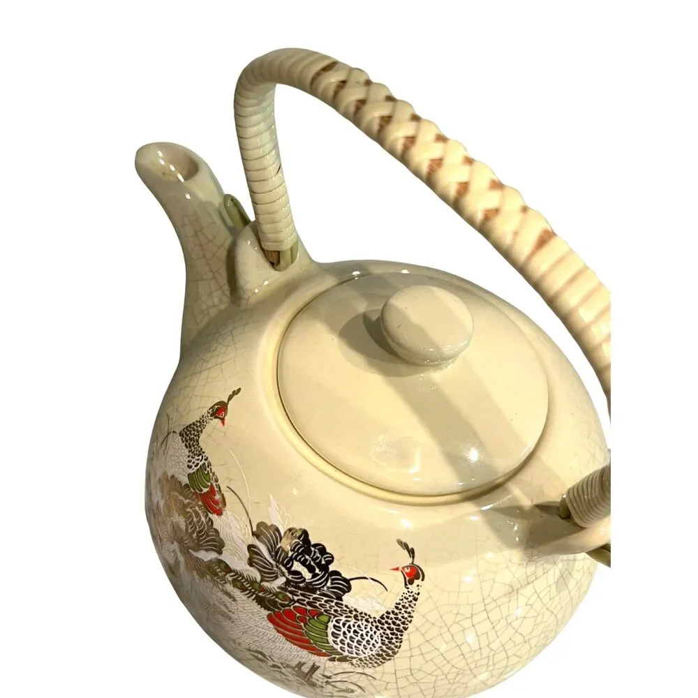 Japanese Kettle Teapot Brewer Pheasant Bird Crackle Glaze Crazed Woven Handle